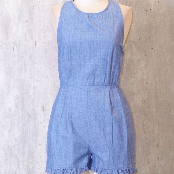 NWT ZARA Denim Ruffle Playsuit Romper Mini Crew Chambray Light Blue Cotton Linen - Picture 5 of 7